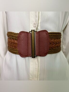Distressed PU leather elastic waistband braided belt